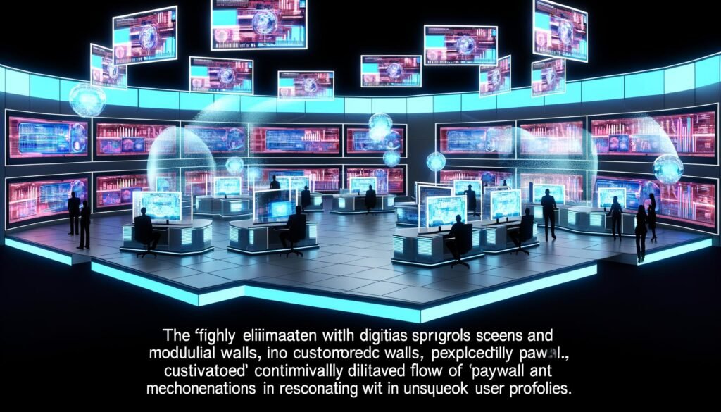 Moderner Newsroom mit digitalen Bildschirmen, holografischen Diagrammen und transparenten Paywall-Elementen für individuellen Content-Zugang.