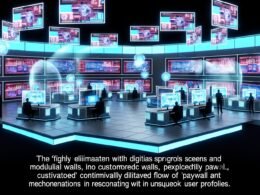 Moderner Newsroom mit digitalen Bildschirmen, holografischen Diagrammen und transparenten Paywall-Elementen für individuellen Content-Zugang.