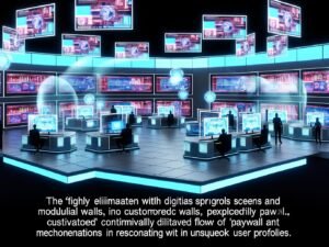 Moderner Newsroom mit digitalen Bildschirmen, holografischen Diagrammen und transparenten Paywall-Elementen für individuellen Content-Zugang.