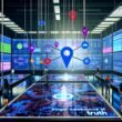 Futuristischer Kontrollraum mit großen digitalen Displays, Marketingexpert:innen analysieren bunte Dashboards und vernetzte Datenströme, zentrale holografische Single Source of Truth.
