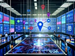 Futuristischer Kontrollraum mit großen digitalen Displays, Marketingexpert:innen analysieren bunte Dashboards und vernetzte Datenströme, zentrale holografische Single Source of Truth.