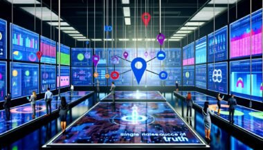Futuristischer Kontrollraum mit großen digitalen Displays, Marketingexpert:innen analysieren bunte Dashboards und vernetzte Datenströme, zentrale holografische Single Source of Truth.