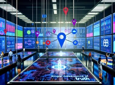 Futuristischer Kontrollraum mit großen digitalen Displays, Marketingexpert:innen analysieren bunte Dashboards und vernetzte Datenströme, zentrale holografische Single Source of Truth.