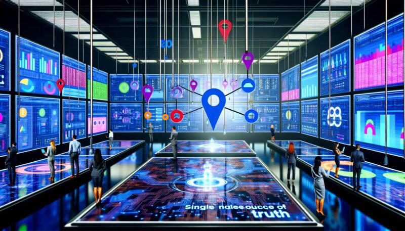 Futuristischer Kontrollraum mit großen digitalen Displays, Marketingexpert:innen analysieren bunte Dashboards und vernetzte Datenströme, zentrale holografische Single Source of Truth.