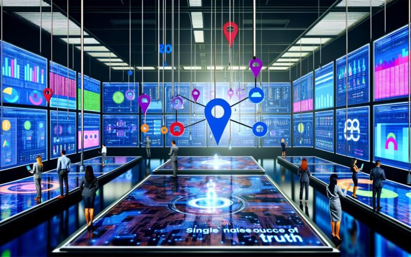 Futuristischer Kontrollraum mit großen digitalen Displays, Marketingexpert:innen analysieren bunte Dashboards und vernetzte Datenströme, zentrale holografische Single Source of Truth.