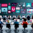 Vielseitiges Redaktionsteam wertet gemeinsam Content-Performance-Daten aus, im Hintergrund sind digitale Medien, Artikelvorschauen und soziale Netzwerksymbole zu sehen.