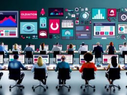 Vielseitiges Redaktionsteam wertet gemeinsam Content-Performance-Daten aus, im Hintergrund sind digitale Medien, Artikelvorschauen und soziale Netzwerksymbole zu sehen.
