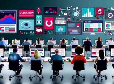 Vielseitiges Redaktionsteam wertet gemeinsam Content-Performance-Daten aus, im Hintergrund sind digitale Medien, Artikelvorschauen und soziale Netzwerksymbole zu sehen.