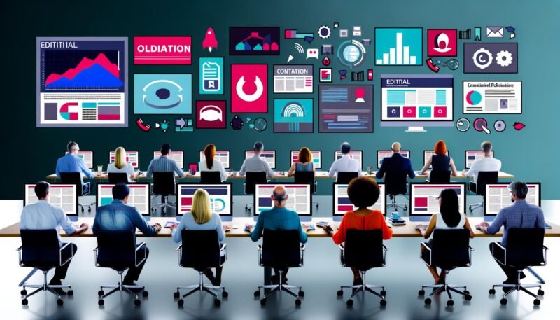 Vielseitiges Redaktionsteam wertet gemeinsam Content-Performance-Daten aus, im Hintergrund sind digitale Medien, Artikelvorschauen und soziale Netzwerksymbole zu sehen.