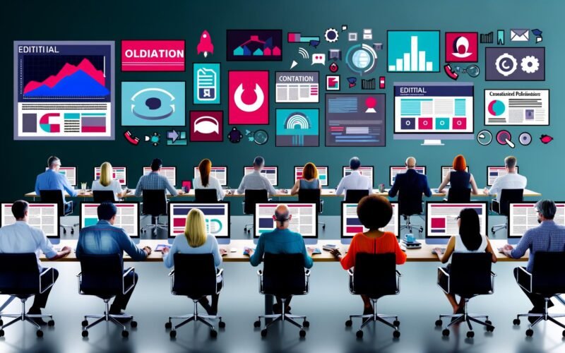 Vielseitiges Redaktionsteam wertet gemeinsam Content-Performance-Daten aus, im Hintergrund sind digitale Medien, Artikelvorschauen und soziale Netzwerksymbole zu sehen.