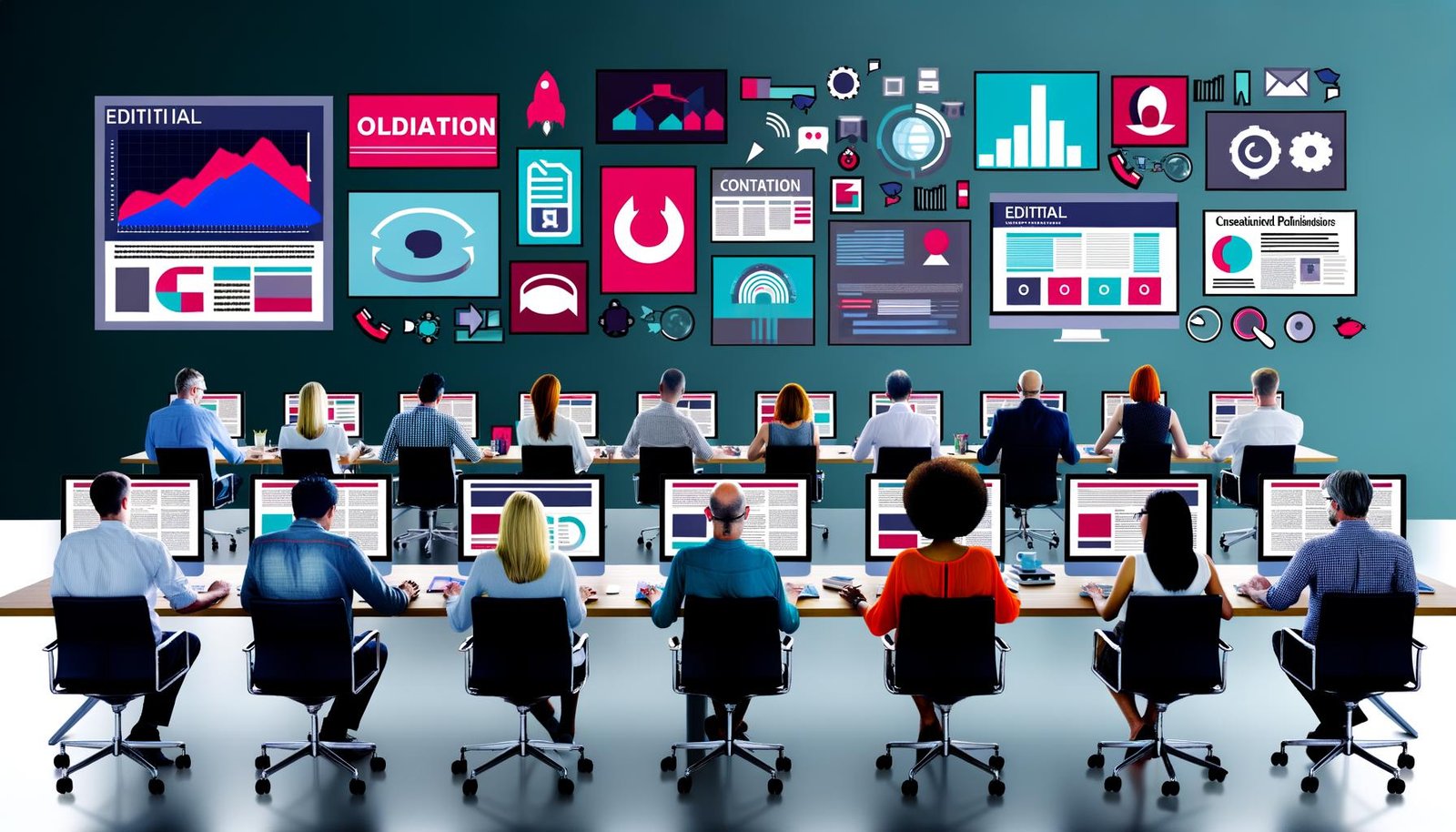 Vielseitiges Redaktionsteam wertet gemeinsam Content-Performance-Daten aus, im Hintergrund sind digitale Medien, Artikelvorschauen und soziale Netzwerksymbole zu sehen.