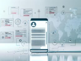 Futuristisches Apple-Geräte-Setup mit geöffnetem iPhone, Apple-News-App, personalisierten Inhalten und Datensymbolen, visualisiert durch KI-Modelle und Privacy-Icons im modernen, cleanen Design.