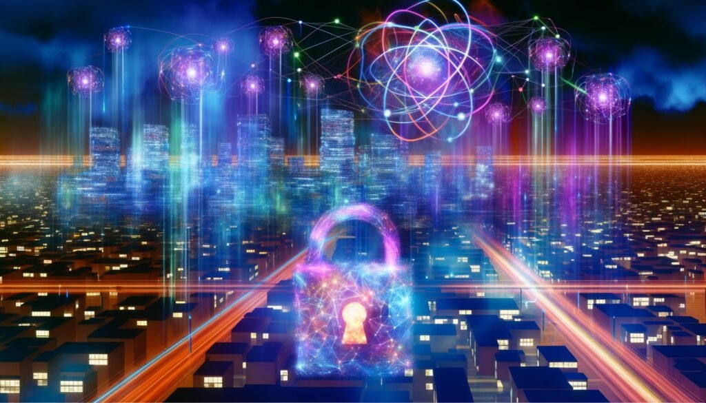 Futuristische Skyline mit Quanteninternet, leuchtenden Kabeln und holografischen Symbolen, ein digitales Schloss transformiert sich im Vordergrund.