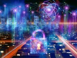 Futuristische Skyline mit Quanteninternet, leuchtenden Kabeln und holografischen Symbolen, ein digitales Schloss transformiert sich im Vordergrund.