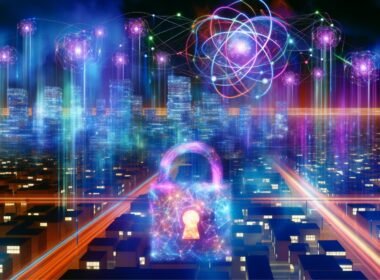 Futuristische Skyline mit Quanteninternet, leuchtenden Kabeln und holografischen Symbolen, ein digitales Schloss transformiert sich im Vordergrund.