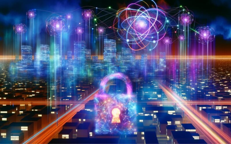 Futuristische Skyline mit Quanteninternet, leuchtenden Kabeln und holografischen Symbolen, ein digitales Schloss transformiert sich im Vordergrund.