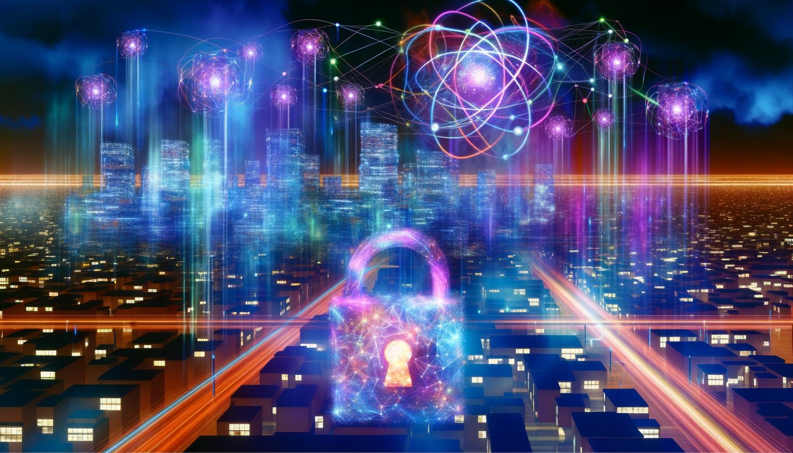 Futuristische Skyline mit Quanteninternet, leuchtenden Kabeln und holografischen Symbolen, ein digitales Schloss transformiert sich im Vordergrund.