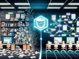 Gegenüberstellung eines unorganisierten, altmodischen Arbeitsplatzes mit Papier und alten Monitoren und einem modernen Content-Team mit digitalen Tools und schlanken Bildschirmen, verbunden durch Automatisierungen.