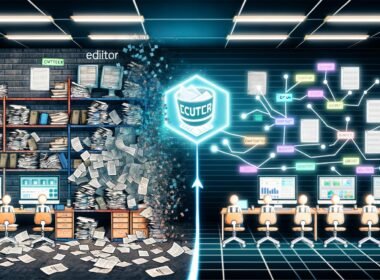 Gegenüberstellung eines unorganisierten, altmodischen Arbeitsplatzes mit Papier und alten Monitoren und einem modernen Content-Team mit digitalen Tools und schlanken Bildschirmen, verbunden durch Automatisierungen.