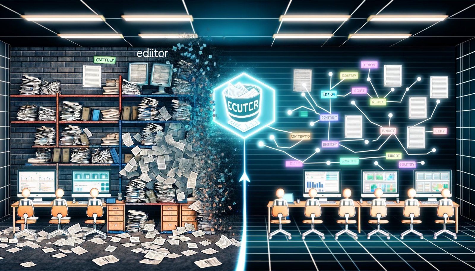 Gegenüberstellung eines unorganisierten, altmodischen Arbeitsplatzes mit Papier und alten Monitoren und einem modernen Content-Team mit digitalen Tools und schlanken Bildschirmen, verbunden durch Automatisierungen.