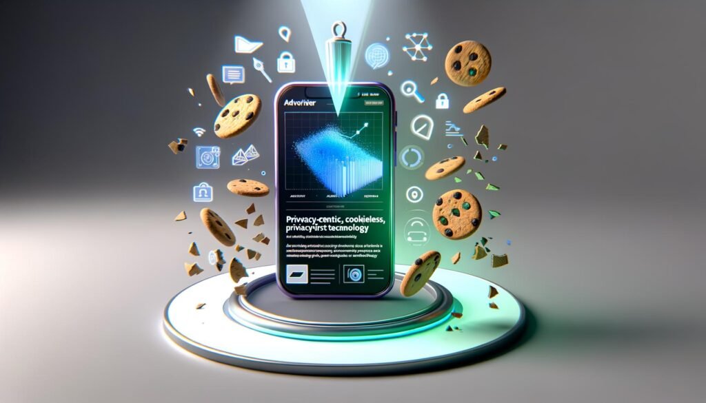 Digitale Illustration einer Apple News App auf einem iPhone mit leuchtenden Analysediagrammen, zersplitternden Cookie-Fragmenten, abstrakten Datenschutzsymbolen und einem selbstbewussten Werbetreibenden.
