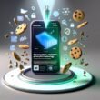 Digitale Illustration einer Apple News App auf einem iPhone mit leuchtenden Analysediagrammen, zersplitternden Cookie-Fragmenten, abstrakten Datenschutzsymbolen und einem selbstbewussten Werbetreibenden.