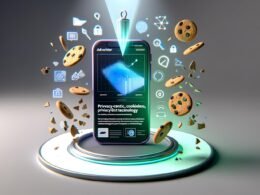 Digitale Illustration einer Apple News App auf einem iPhone mit leuchtenden Analysediagrammen, zersplitternden Cookie-Fragmenten, abstrakten Datenschutzsymbolen und einem selbstbewussten Werbetreibenden.