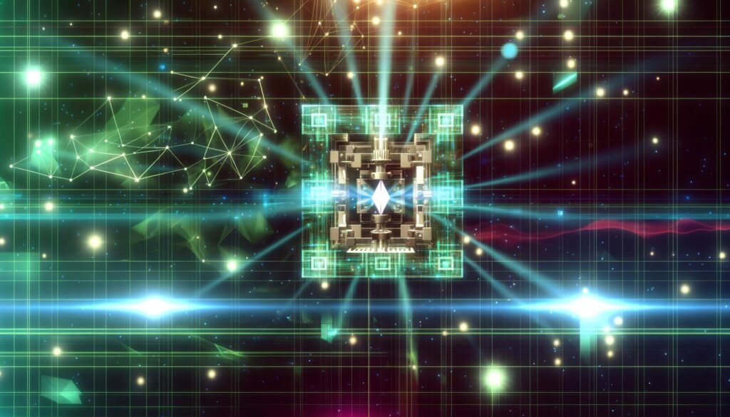 Illustration eines futuristischen Quantencomputers mit leuchtenden Qubits, abstrakten Lichtstrahlen und holografischen Netzstrukturen im Sci-Fi-Stil