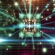 Illustration eines futuristischen Quantencomputers mit leuchtenden Qubits, abstrakten Lichtstrahlen und holografischen Netzstrukturen im Sci-Fi-Stil