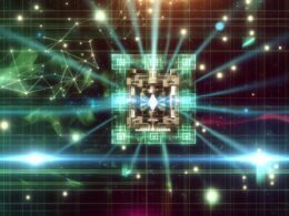 Illustration eines futuristischen Quantencomputers mit leuchtenden Qubits, abstrakten Lichtstrahlen und holografischen Netzstrukturen im Sci-Fi-Stil