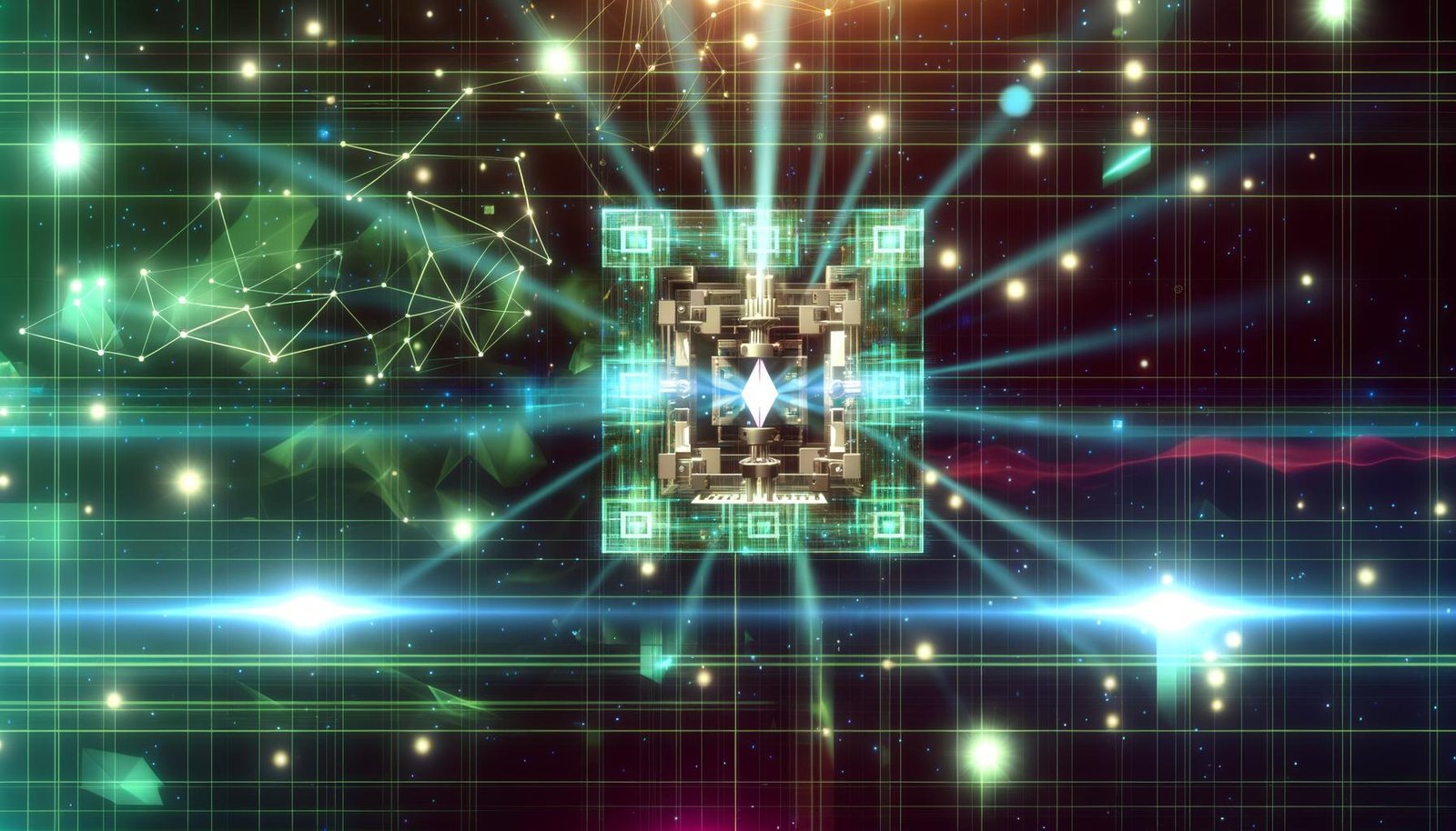 Illustration eines futuristischen Quantencomputers mit leuchtenden Qubits, abstrakten Lichtstrahlen und holografischen Netzstrukturen im Sci-Fi-Stil