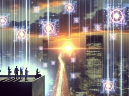 Futuristische Stadtlandschaft bei Sonnenuntergang mit leuchtenden Quanten-Datenströmen, Visualisierungen von Qubits, Verschränkungssymbolen und Quanten-Verschlüsselung im Himmel, Menschen beobachten von einem Dach aus.