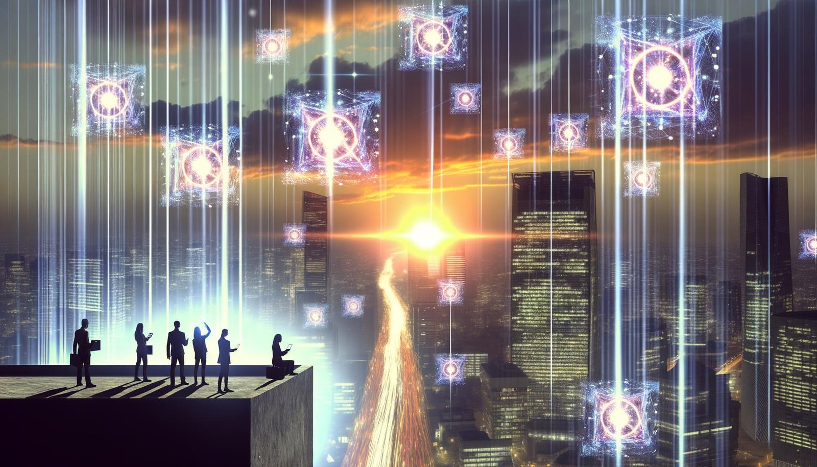 Futuristische Stadtlandschaft bei Sonnenuntergang mit leuchtenden Quanten-Datenströmen, Visualisierungen von Qubits, Verschränkungssymbolen und Quanten-Verschlüsselung im Himmel, Menschen beobachten von einem Dach aus.