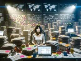 Büro mit chaotischem Schreibtisch, vielen Papieren, Post-its, offenen Laptops, Kaffeetassen und einer nachdenklichen Person, umgeben von digitalen Monitoren mit Kalendern und SEO-Diagrammen im Halbdunkel.