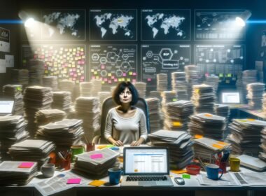 Büro mit chaotischem Schreibtisch, vielen Papieren, Post-its, offenen Laptops, Kaffeetassen und einer nachdenklichen Person, umgeben von digitalen Monitoren mit Kalendern und SEO-Diagrammen im Halbdunkel.