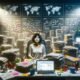 Büro mit chaotischem Schreibtisch, vielen Papieren, Post-its, offenen Laptops, Kaffeetassen und einer nachdenklichen Person, umgeben von digitalen Monitoren mit Kalendern und SEO-Diagrammen im Halbdunkel.