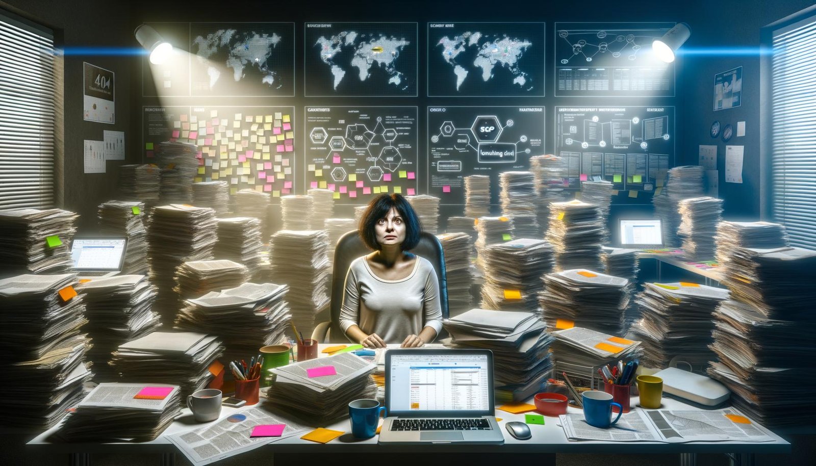 Büro mit chaotischem Schreibtisch, vielen Papieren, Post-its, offenen Laptops, Kaffeetassen und einer nachdenklichen Person, umgeben von digitalen Monitoren mit Kalendern und SEO-Diagrammen im Halbdunkel.