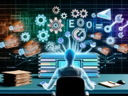 Dynamische Illustration eines Hybrid-Blogs 2025 mit Schreibtisch, Screen mit vielseitigen Inhalten, schwebenden Symbolen für SEO, Performance, Distribution und Automatisierung, sowie veralteten Blogsystemen im Hintergrund.