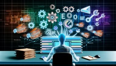 Dynamische Illustration eines Hybrid-Blogs 2025 mit Schreibtisch, Screen mit vielseitigen Inhalten, schwebenden Symbolen für SEO, Performance, Distribution und Automatisierung, sowie veralteten Blogsystemen im Hintergrund.