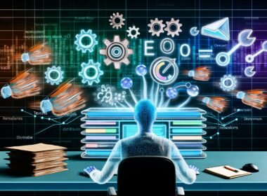 Dynamische Illustration eines Hybrid-Blogs 2025 mit Schreibtisch, Screen mit vielseitigen Inhalten, schwebenden Symbolen für SEO, Performance, Distribution und Automatisierung, sowie veralteten Blogsystemen im Hintergrund.