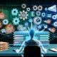 Dynamische Illustration eines Hybrid-Blogs 2025 mit Schreibtisch, Screen mit vielseitigen Inhalten, schwebenden Symbolen für SEO, Performance, Distribution und Automatisierung, sowie veralteten Blogsystemen im Hintergrund.