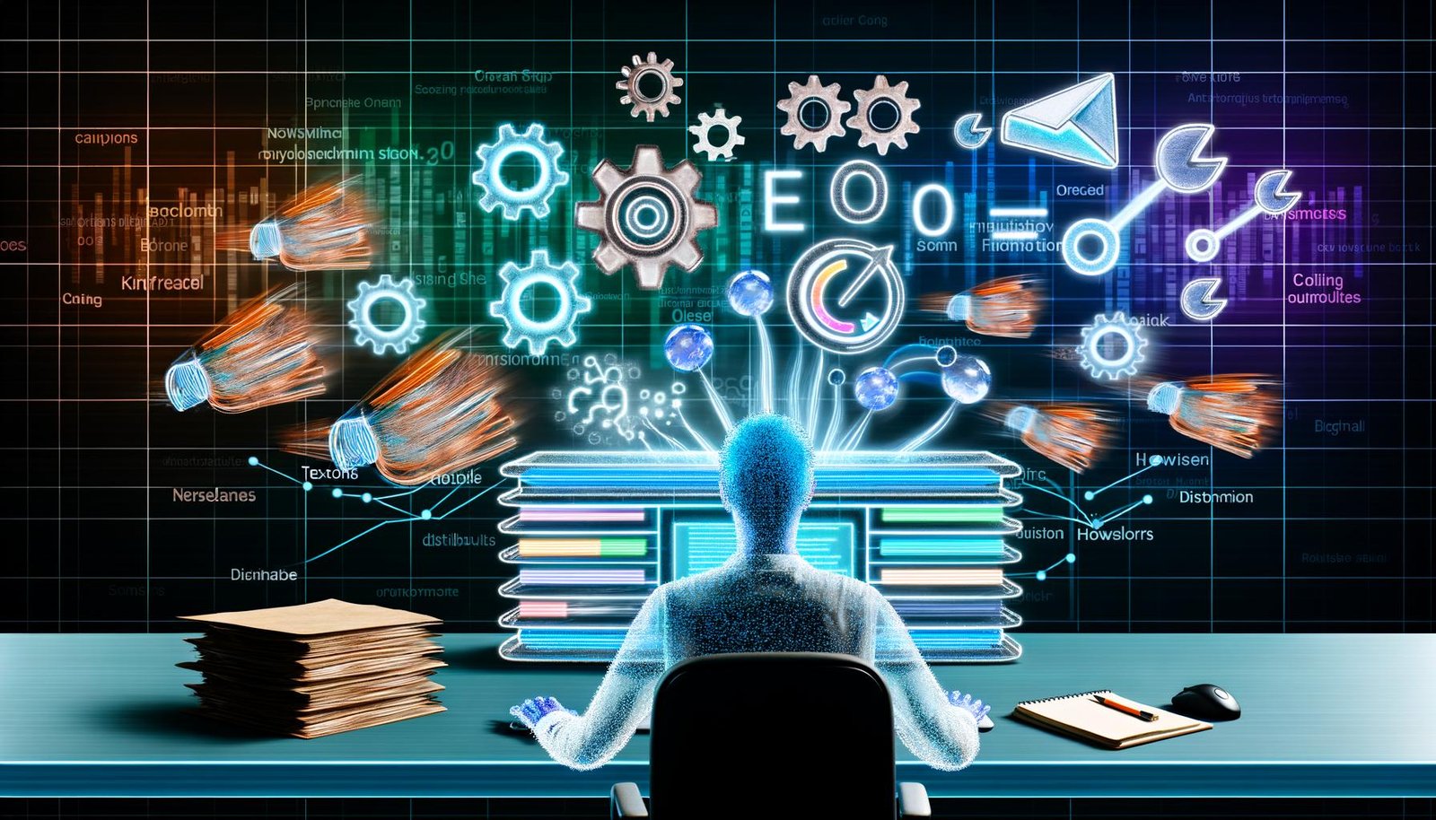 Dynamische Illustration eines Hybrid-Blogs 2025 mit Schreibtisch, Screen mit vielseitigen Inhalten, schwebenden Symbolen für SEO, Performance, Distribution und Automatisierung, sowie veralteten Blogsystemen im Hintergrund.