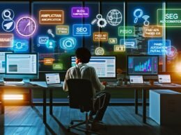 Junger Blogger im modernen Redaktionsbüro 2025, vertieft in Datenanalyse vor Monitor, umgeben von Laptops, Tablets, Smartphones und Social-Media-Icons. Glaswand mit Post-its und Screens mit Analytics-Dashboards im Hintergrund.