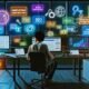 Junger Blogger im modernen Redaktionsbüro 2025, vertieft in Datenanalyse vor Monitor, umgeben von Laptops, Tablets, Smartphones und Social-Media-Icons. Glaswand mit Post-its und Screens mit Analytics-Dashboards im Hintergrund.