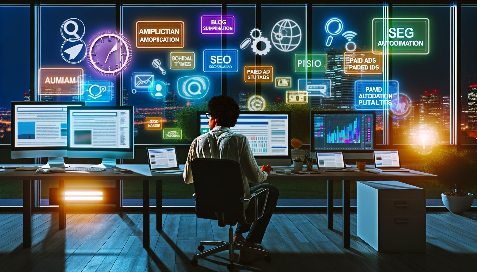 Junger Blogger im modernen Redaktionsbüro 2025, vertieft in Datenanalyse vor Monitor, umgeben von Laptops, Tablets, Smartphones und Social-Media-Icons. Glaswand mit Post-its und Screens mit Analytics-Dashboards im Hintergrund.