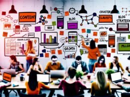Dynamische Redaktion: Kreative Teammitglieder besprechen mit Laptops, Monitoren und Whiteboard Content-Analysen, SEO-Tools und Redaktionsstrategien in einem energiegeladenen, modernen digitalen Büro.