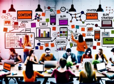 Dynamische Redaktion: Kreative Teammitglieder besprechen mit Laptops, Monitoren und Whiteboard Content-Analysen, SEO-Tools und Redaktionsstrategien in einem energiegeladenen, modernen digitalen Büro.