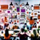 Dynamische Redaktion: Kreative Teammitglieder besprechen mit Laptops, Monitoren und Whiteboard Content-Analysen, SEO-Tools und Redaktionsstrategien in einem energiegeladenen, modernen digitalen Büro.