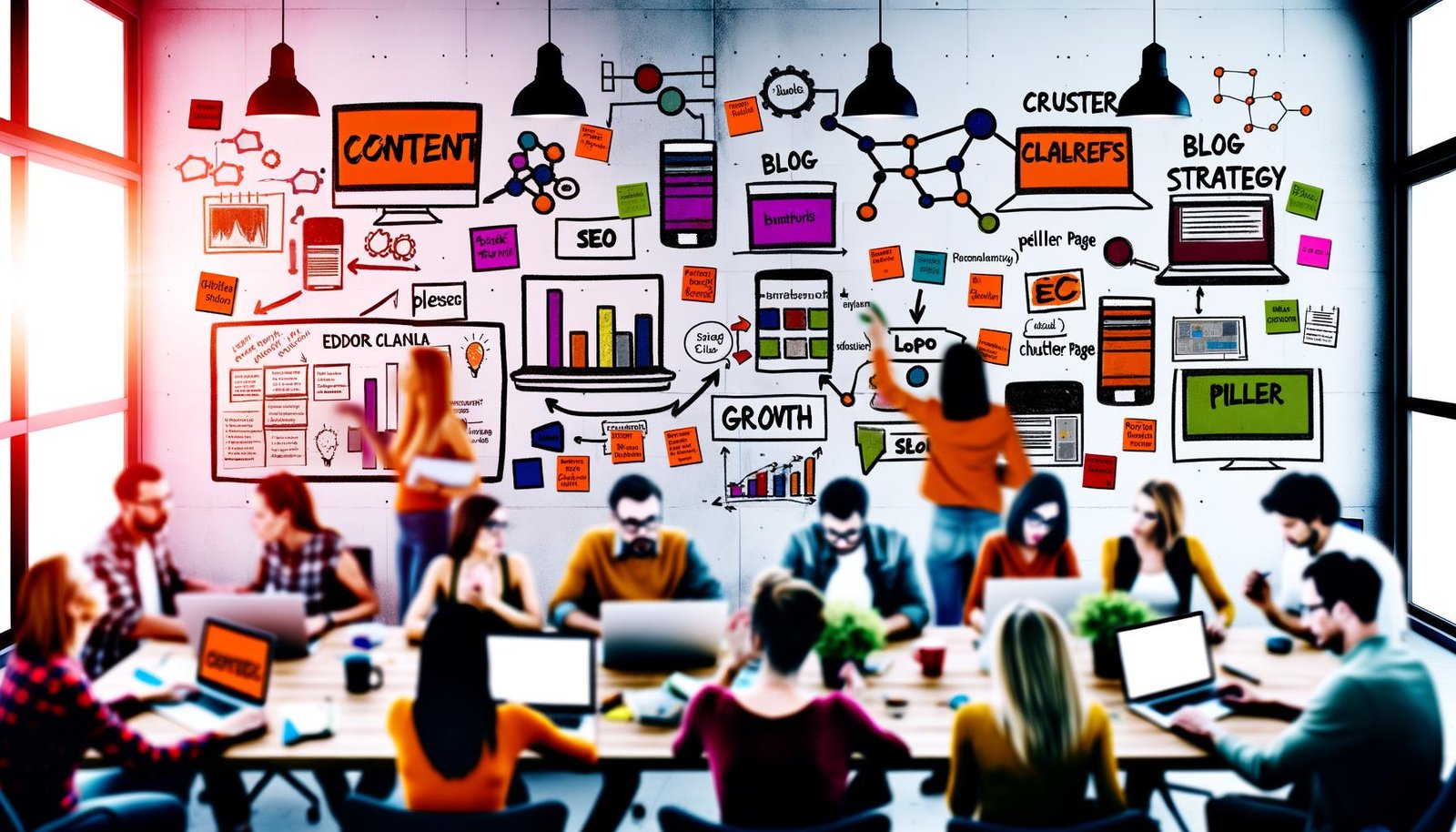 Dynamische Redaktion: Kreative Teammitglieder besprechen mit Laptops, Monitoren und Whiteboard Content-Analysen, SEO-Tools und Redaktionsstrategien in einem energiegeladenen, modernen digitalen Büro.