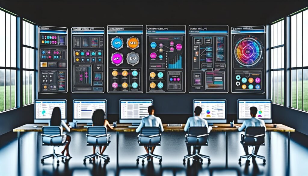 Diverse Content-Expertinnen und Experten arbeiten gemeinsam im modernen, minimalistischen Maschinenraum an großen Computermonitoren mit Workflows, Redaktionskalendern und SEO-Analysen, umgeben von leuchtenden KI- und API-Icons.